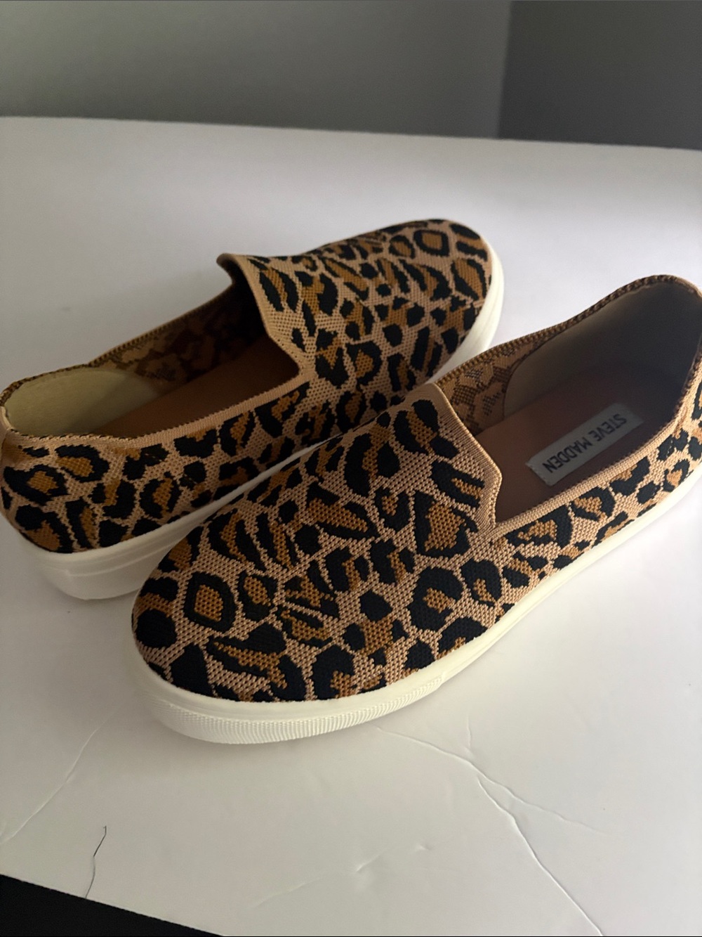 Steve Madden Leopard Knit Slip-On Sneakers in Tan and Black
